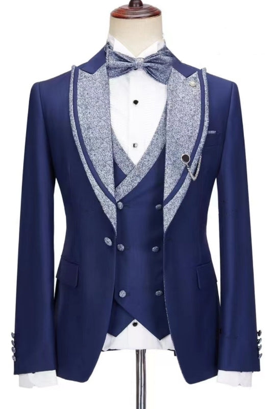 Jerry Elegant Dark Blue Peak Lapel Three-Piece Prom Suit