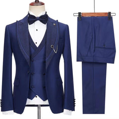 Jesse Trendy Dark Blue Peak Lapel Three-Piece Prom Suit