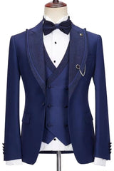 Jesse Trendy Dark Blue Peak Lapel Three-Piece Prom Suit