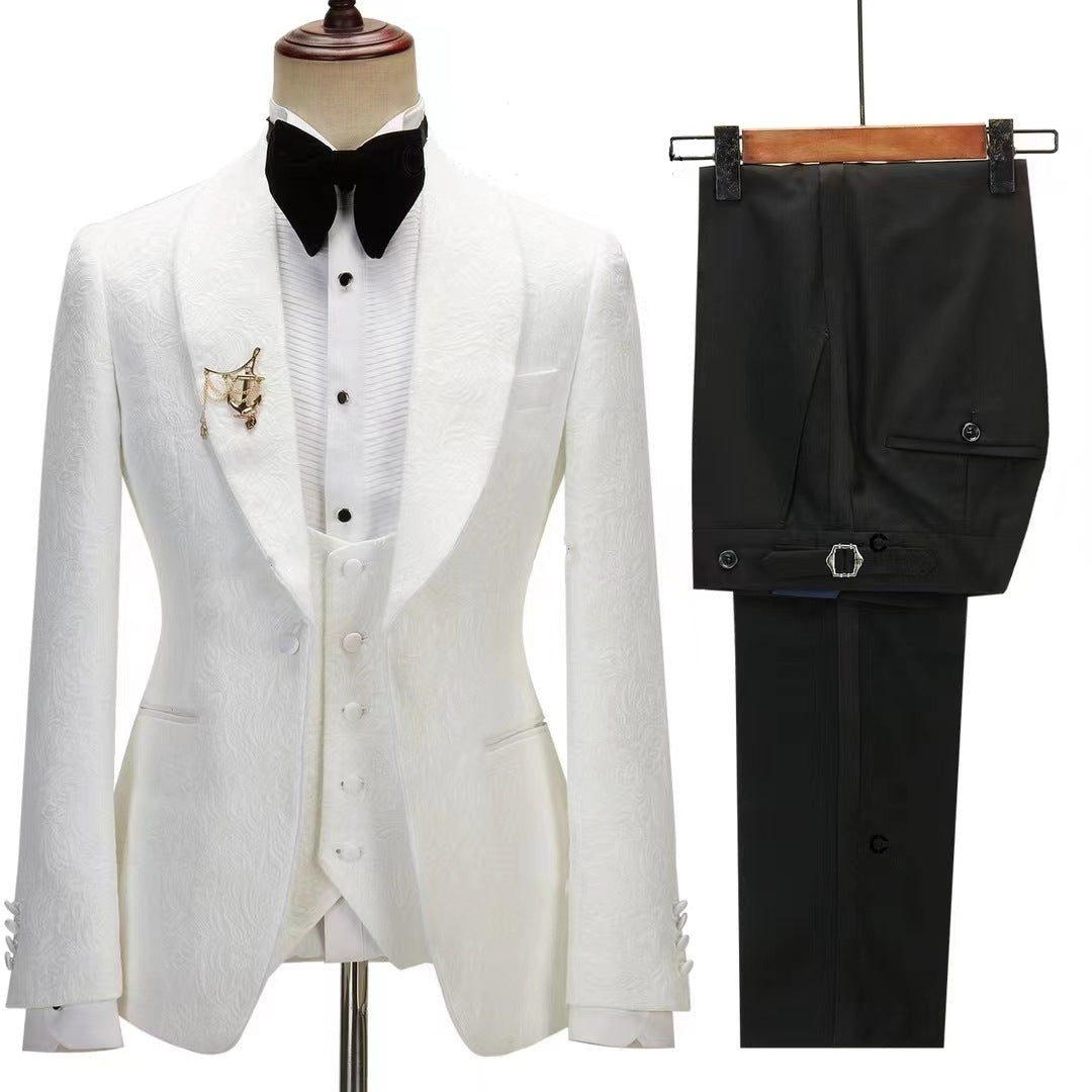 Jim Refined White Jacquard Shawl Lapel Three-Piece Wedding Suit