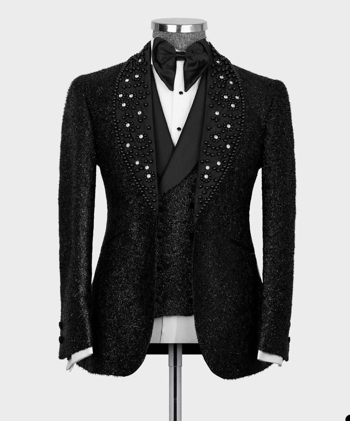 John Chic Shiny Black Beaded Shawl Lapel Three-Piece Prom Suit for Men