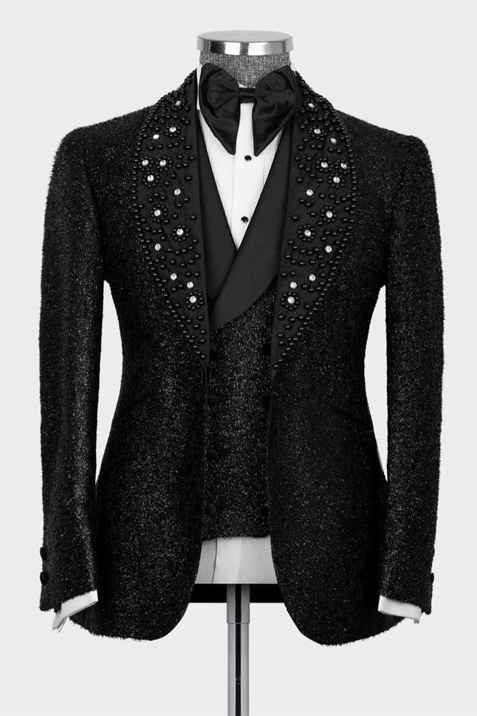 John Chic Shiny Black Beaded Shawl Lapel Three-Piece Prom Suit for Men