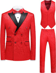 John Glamorous Double-Breasted Red Jacquard Three-Piece Prom Suit