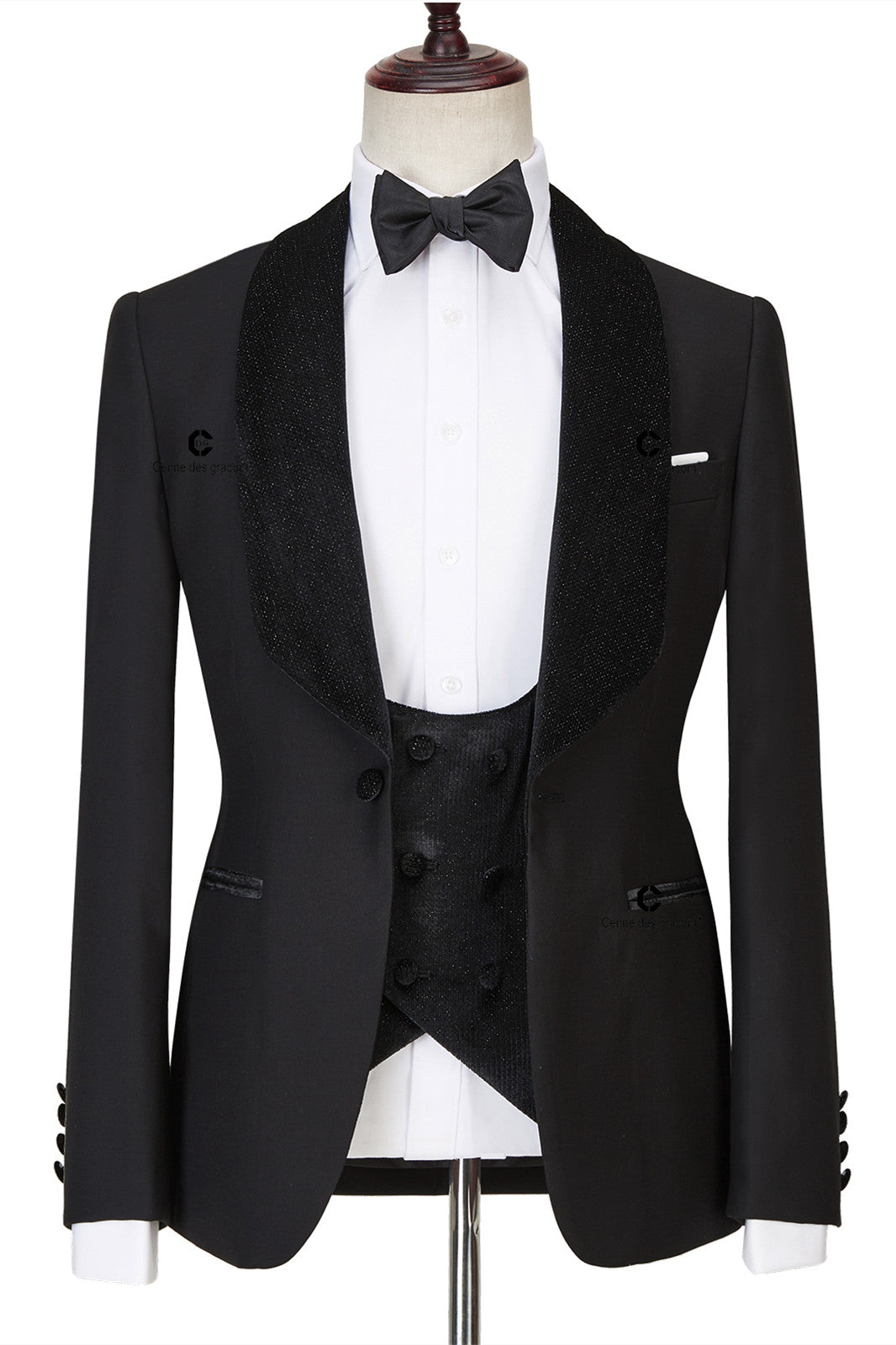 Jose Contemporary Three-Piece Black Shawl Lapel Sparkling Men’s Wedding Suits