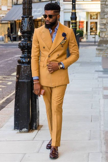 Joshua Chic Mustard Double Breasted Peak Lapel Custom Men’s Suits