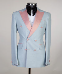 Joshua Sky Blue Sparkly Double-Breasted Men’s Suit with Pink Peaked Lapel