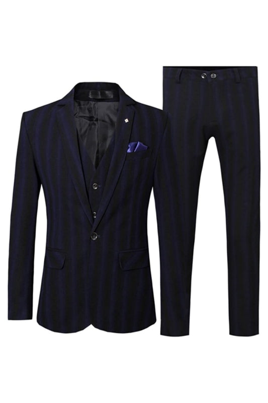 Justin Formal Navy Blue Striped Three-Piece Notched Lapel Business Suit