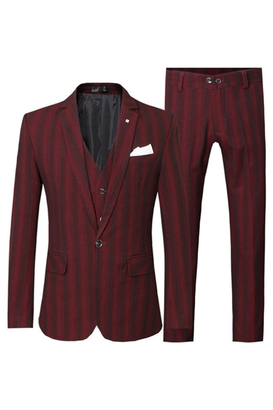 Kelly Deep Red Notched Lapel Striped Three-Piece Business Suit