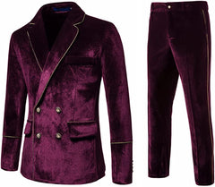 Kemp Glamorous Merlot Notched Lapel Double-Breasted Velvet Prom Outfit