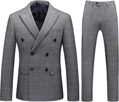 Keniey Formal Charcoal Gray Double-Breasted Plaid Men's Business Suit