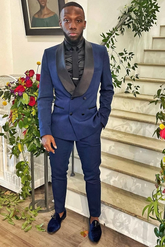 Kent Simple Navy Shawl Lapel Double Breasted Prom Suit