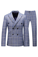 Kenzie New Light Blue Double Breasted Plaid Business Suit for Men