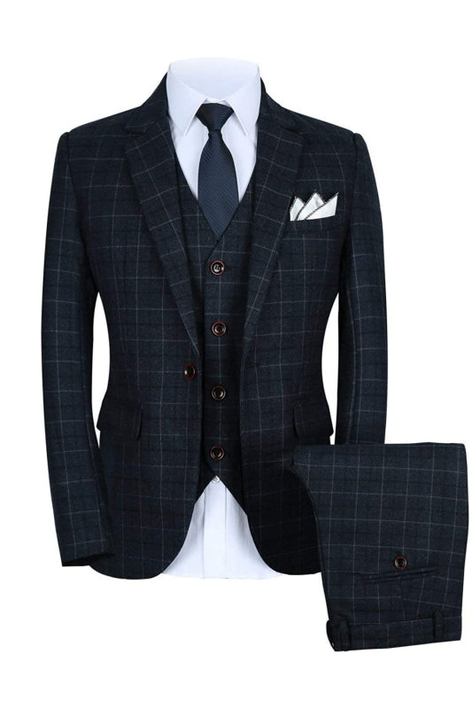 King Formal Black Notch Lapel Three-Piece Plaid Business Suit for Men