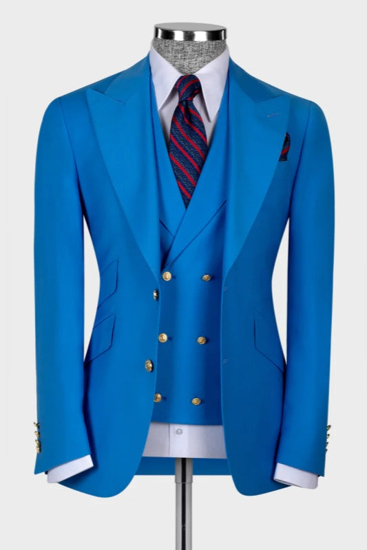 King Ocean Blue Peak Lapel Three-Piece Men's Wedding Ensemble