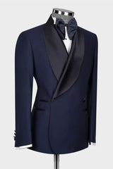 Knox Chic Navy Blue Shawl Lapel Double Breasted Wedding Suit