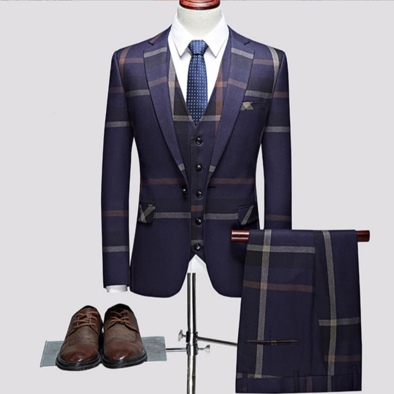 Kori Formal Navy Blue Notch Lapel Three-Piece Business Suit Set for Men