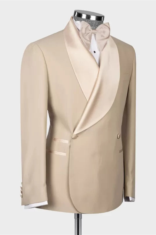 Kyle Elegant Khaki Shawl Lapel Double Breasted Wedding Suit