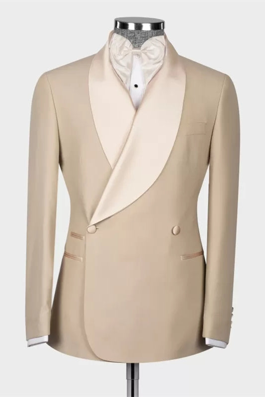 Kyle Elegant Khaki Shawl Lapel Double Breasted Wedding Suit