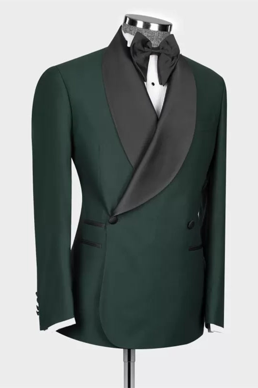 Lance Trendy Dark Green Shawl Lapel Double Breasted Wedding Suit