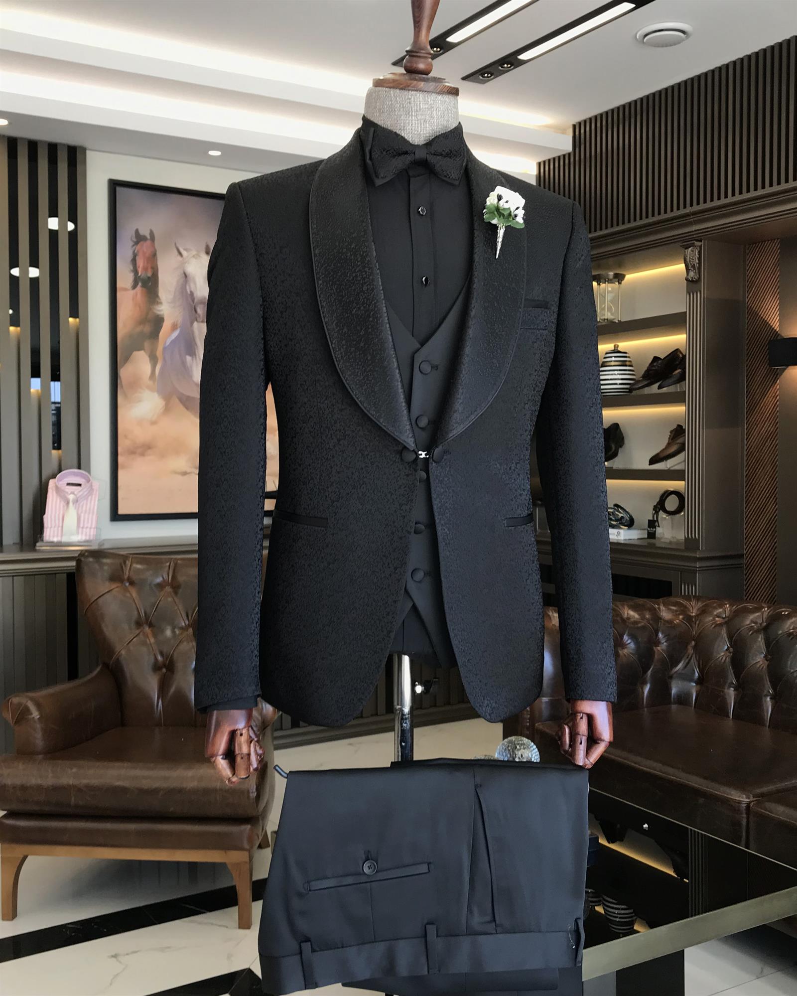 Latest Black Jacquard Three-Piece Shawl Collar Groom's Wedding Suit