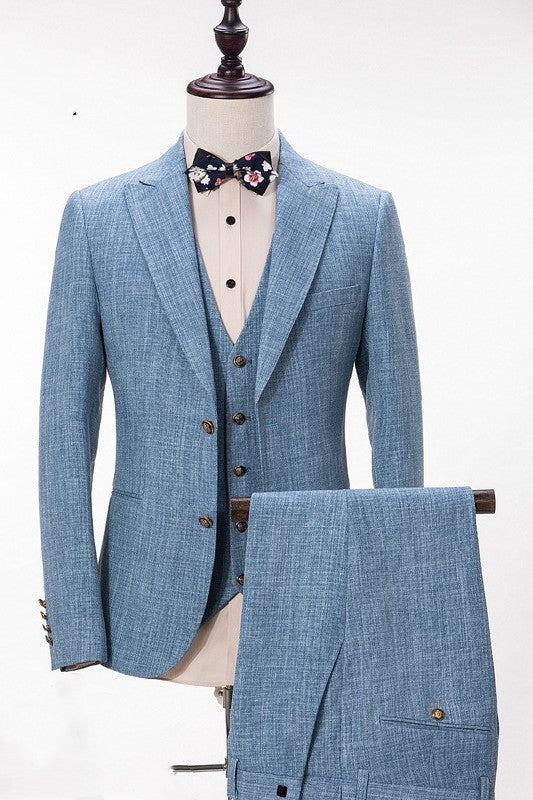 Latest Blue Linen Three-Piece Notched Lapel Prom Suit