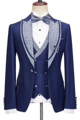 Latest Navy Blue Bespoke Peak Lapel Three-Piece Wedding Ensemble