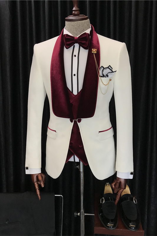 Latest White Three-Piece Wedding Suit with Velvet Lapel