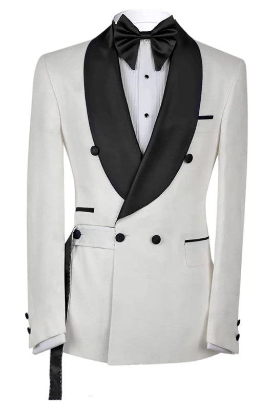 Lee Elegant White Double Breasted Groom's Suit With Black Shawl Collar