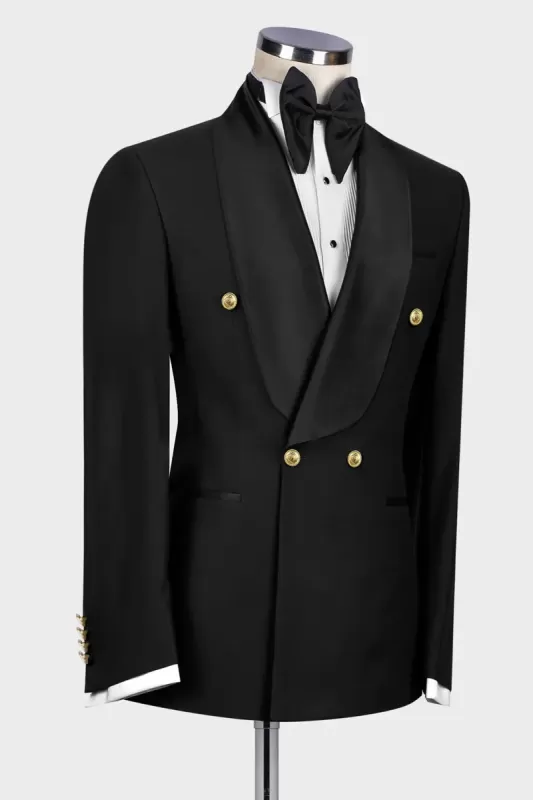 Len Contemporary Black Shawl Lapel Double Breasted Wedding Suit