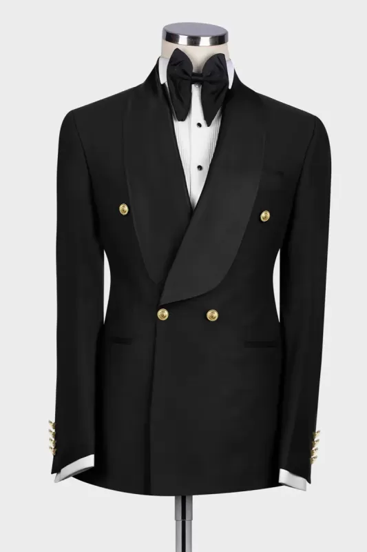 Len Contemporary Black Shawl Lapel Double Breasted Wedding Suit