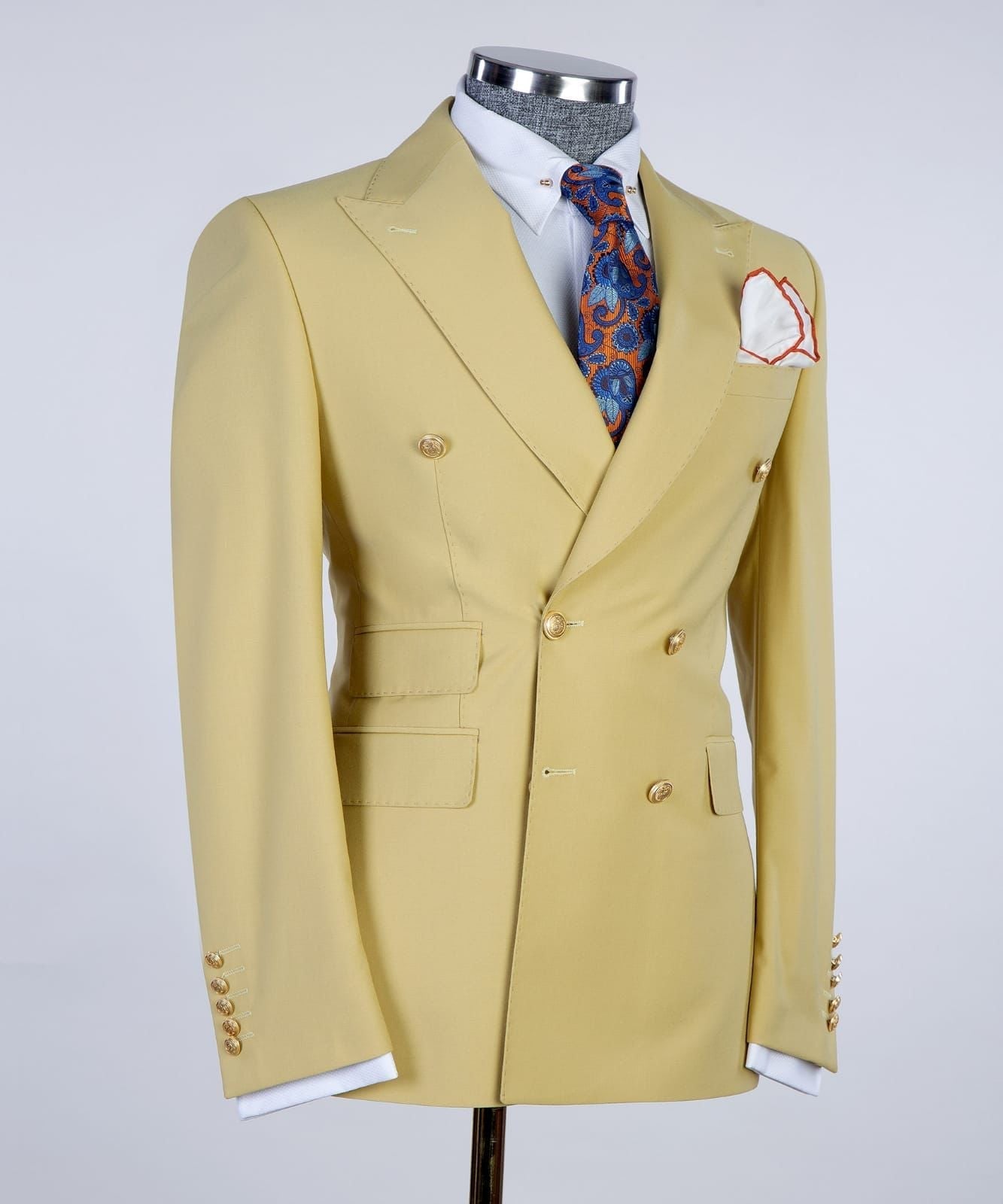 Lenny Shiny Yellow Double Breasted Peak Lapel Prom Men’s Suits