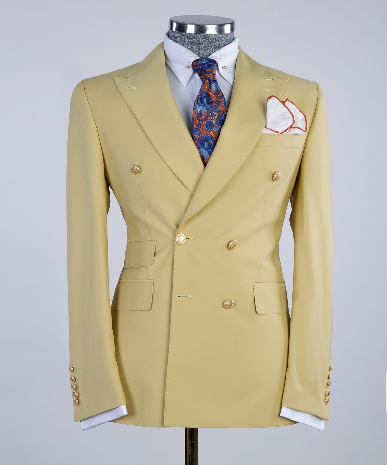 Lenny Shiny Yellow Double Breasted Peak Lapel Prom Men’s Suits