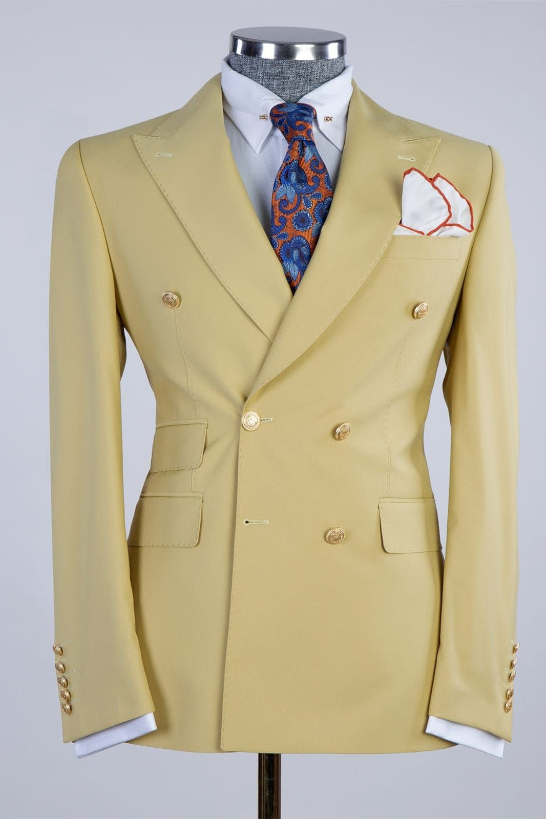 Lenny Shiny Yellow Double Breasted Peak Lapel Prom Men’s Suits