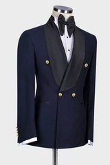 Leo New Dark Navy Shawl Lapel Double Breasted Wedding Suit