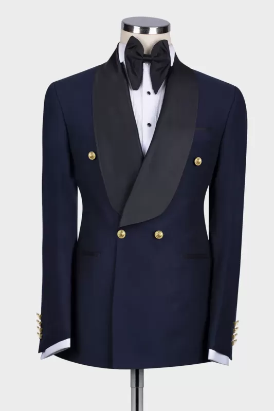 Leo New Dark Navy Shawl Lapel Double Breasted Wedding Suit