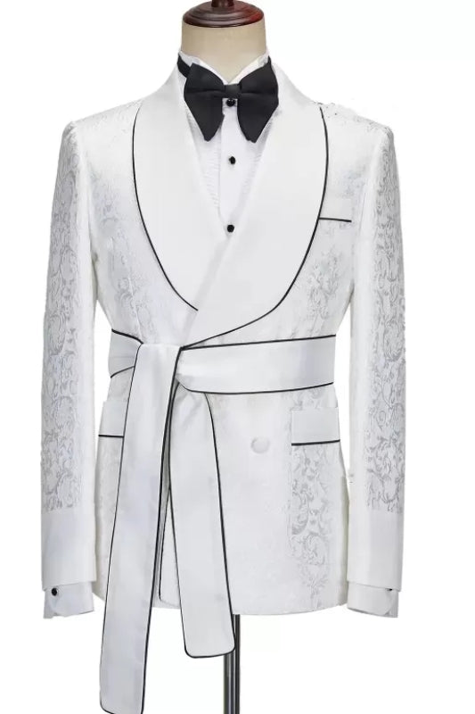 Leopold Elegant White Shawl Lapel Jacquard Wedding Suit