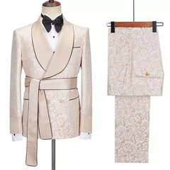 Les Custom Champagne Shawl Lapel Jacquard Wedding Suit