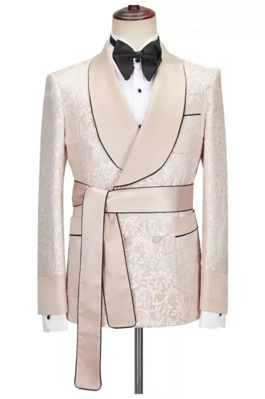 Les Custom Champagne Shawl Lapel Jacquard Wedding Suit