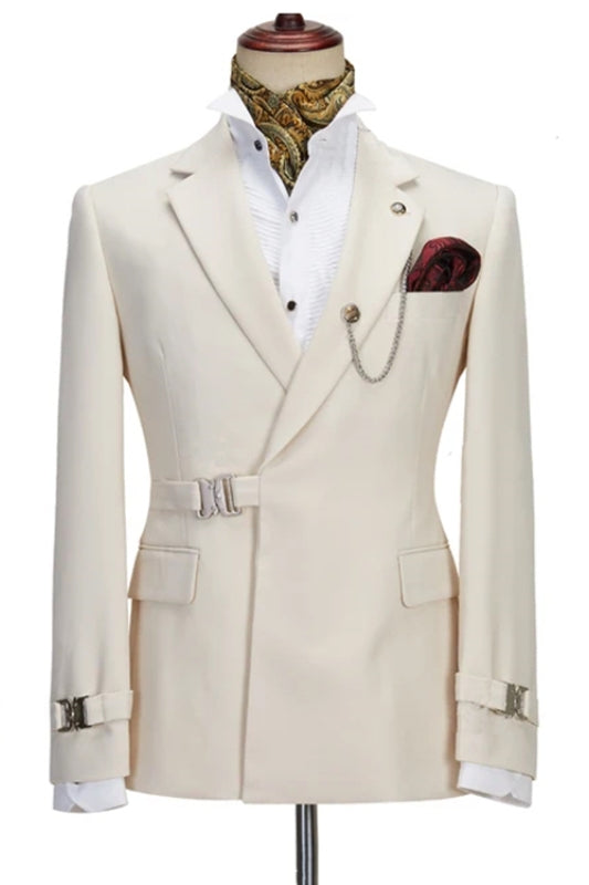 Leslie Modern Ivory White Notched Lapel Side Buckle Fashion Suit for Prom