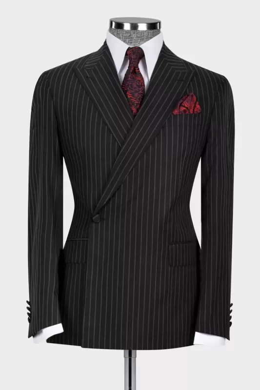 Levi Formal Black Striped Peak Lapel Business Suit