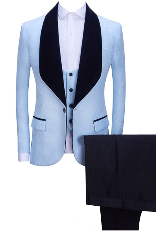 Levi Stunning Sky Blue Shawl Collar Three-Piece Jacquard Groom's Suit