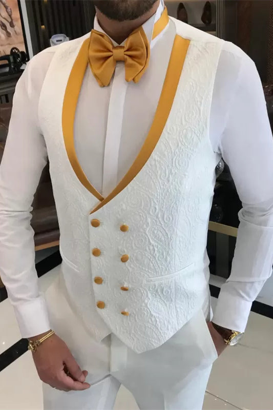 Lewis Alluring White Three-Piece Prom Suit with White Gold Peak Lapel