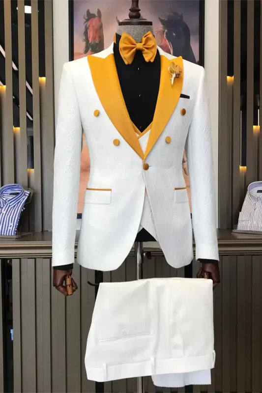 Lewis Alluring White Three-Piece Prom Suit with White Gold Peak Lapel