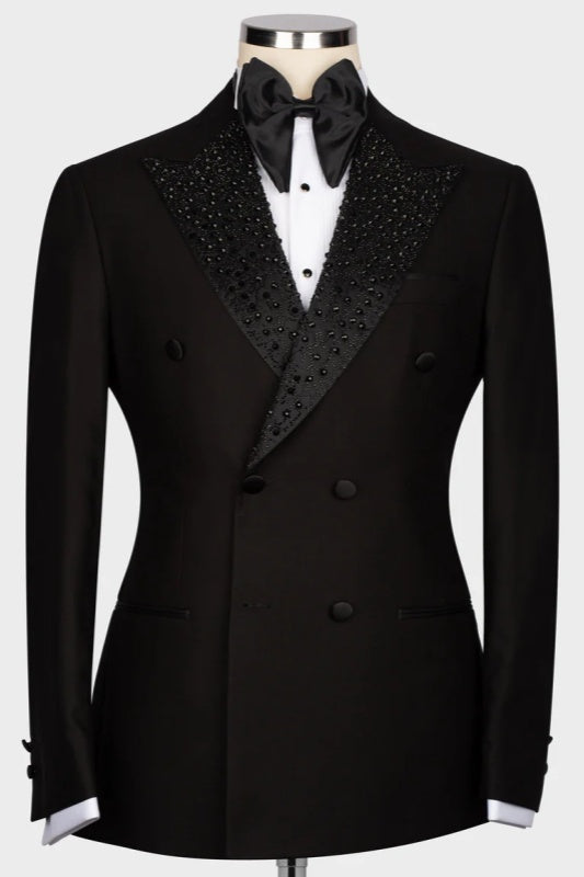 Lloyd Black Double-Breasted Wedding Suit with Sequins and Peaked Lapel