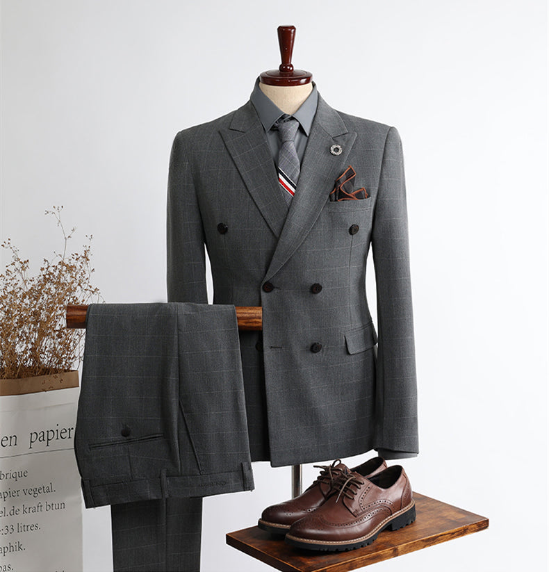 Logan New Arrival Dark Gray Peak Lapel Double Breasted Checkered Men’s Suits