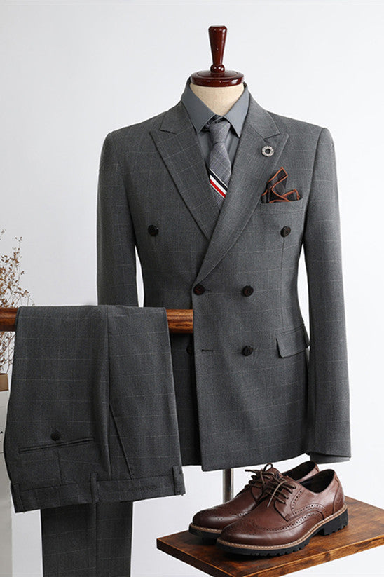 Logan New Arrival Dark Gray Peak Lapel Double Breasted Checkered Men’s Suits