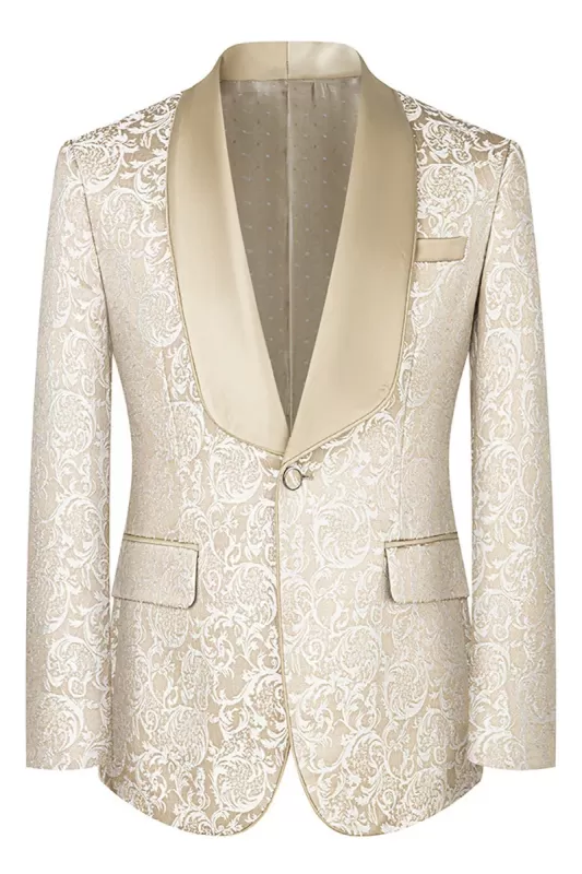 Logan Sophisticated Champagne Shawl Lapel Three-Piece Jacquard Prom Suit