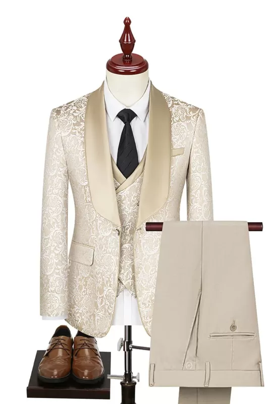 Logan Sophisticated Champagne Shawl Lapel Three-Piece Jacquard Prom Suit