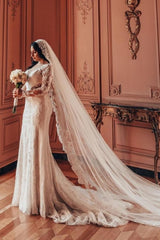 Long Sleeve V-Neck Lace A-Line Stain Wedding Dresses with Ruffles-misshow.com