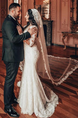 Long Sleeve V-Neck Lace A-Line Stain Wedding Dresses with Ruffles-misshow.com